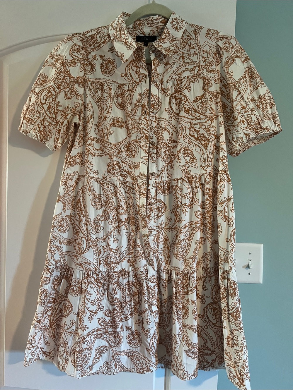 1. STATE Cream and Brown Paisley Tiered Shirt Dress